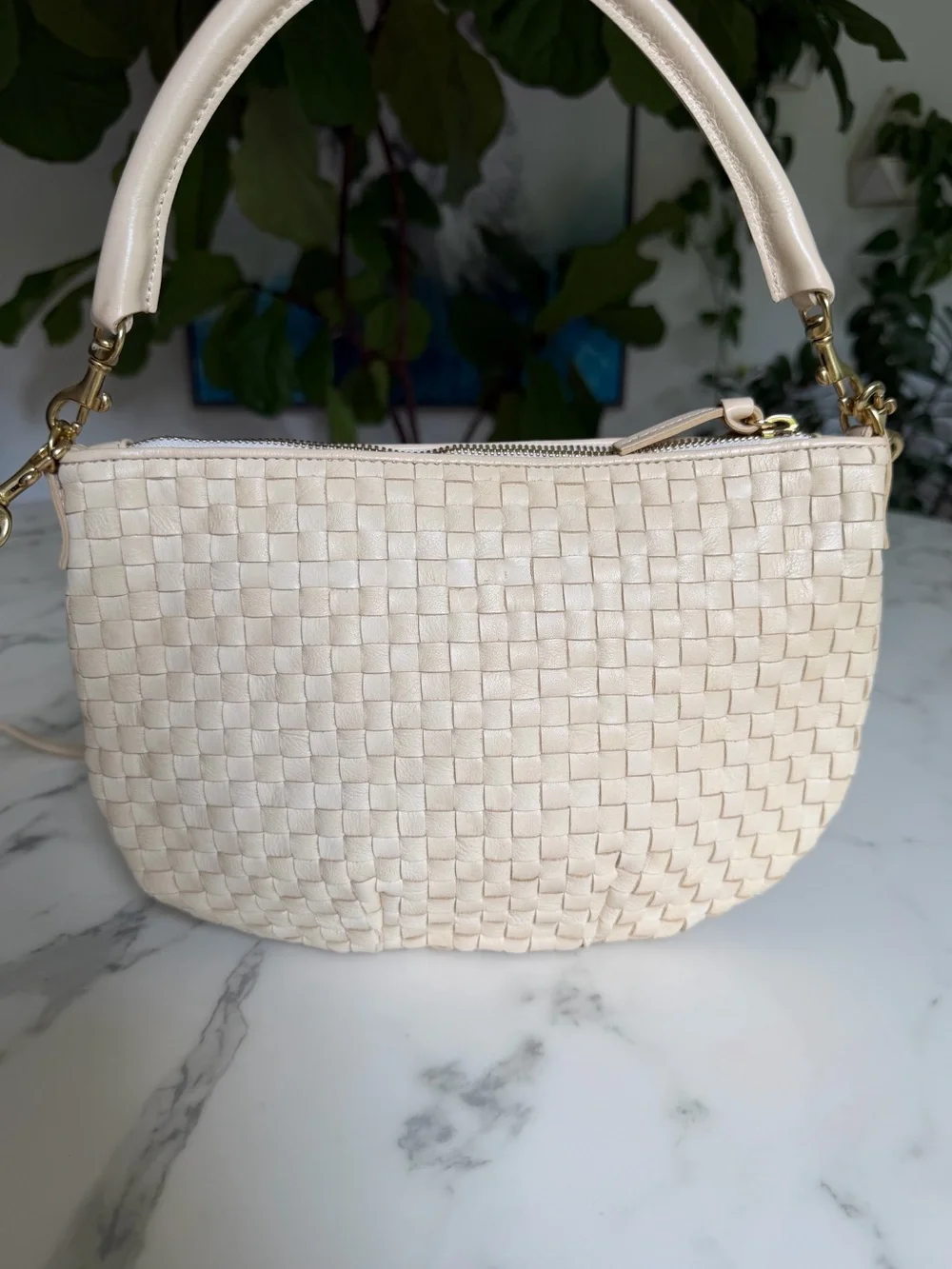 Clare V Petit Moyen Cream Woven Checker Leather Crossbody Shoulder Bag